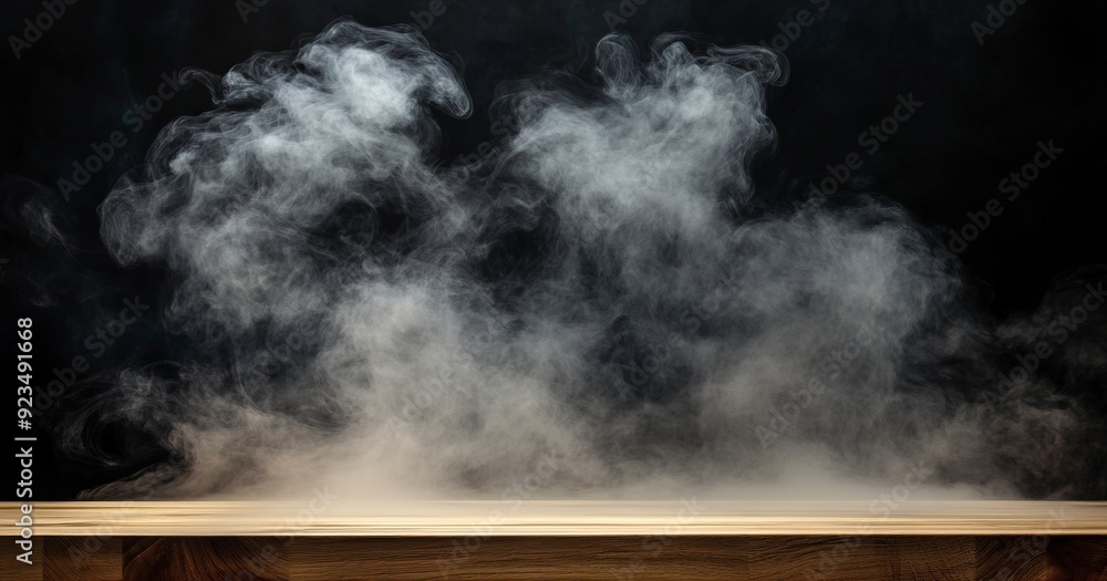 Poster empty wooden table with smoke floats up. empty space for displaying your products, with a smoke floa