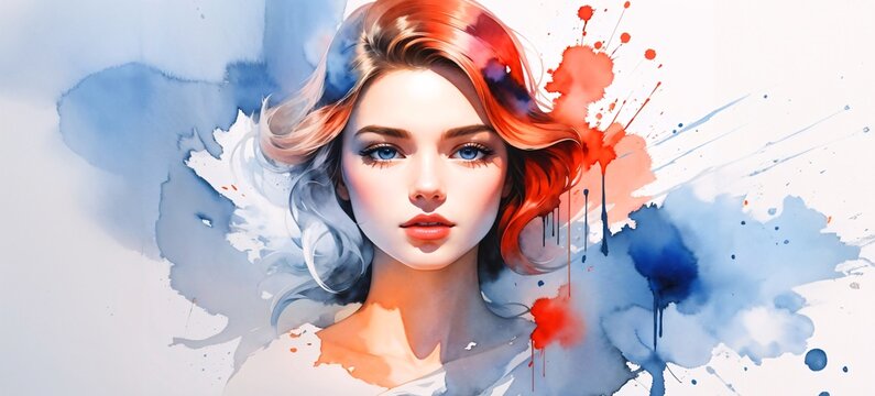 American beautiful girl watercolor painting illustration. Happy face women, Ideal for printing on fabric or paper, poster or wallpaper, t-shirt, house decoration.
