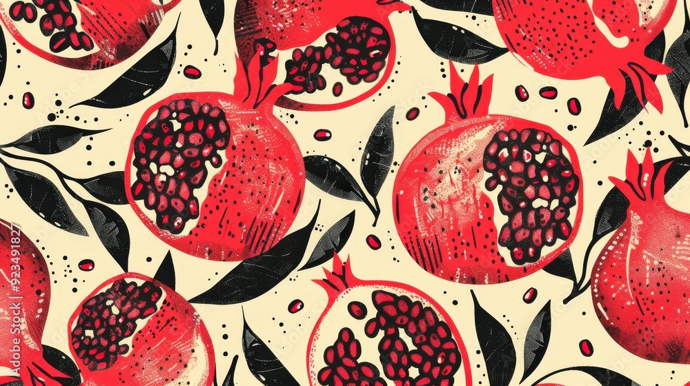 Poster create a bold pomegranate pattern featuring oversized pomegranates and seeds in a dynamic, overlappi
