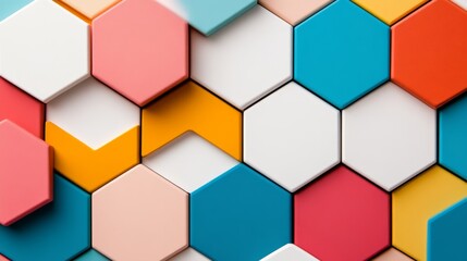 Randomly arranged hexagon tiles, each in bright and vivid colors, forming a playful and vibrant mosaic, perfect for backgrounds and creative projects