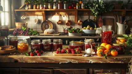 Create a charming kitchen scene with a cook making homemade jams and preserves, using fresh fruits and vintage canning jars.
