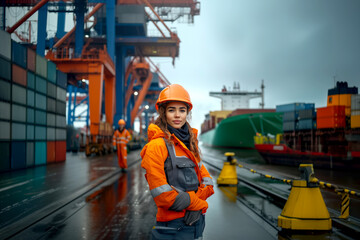Female worker with hard hat at a shipping port.