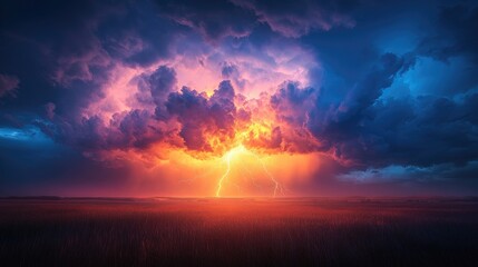 Obraz premium Lightning storm illuminating the sky above a field at sunset
