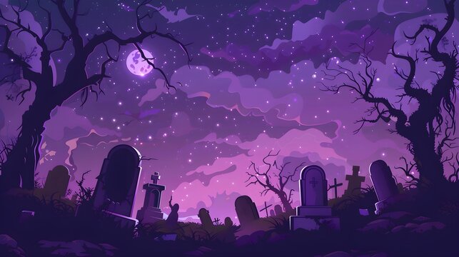 A vector illustration of a graveyard at night with crooked tombstones, eerie trees, and ghostly apparitions. The sky is a deep purple with stars and a glowing moon, banner with free empty copyspace