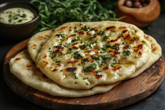 Delicious pita bread with garlic and herbs on wooden cutting board