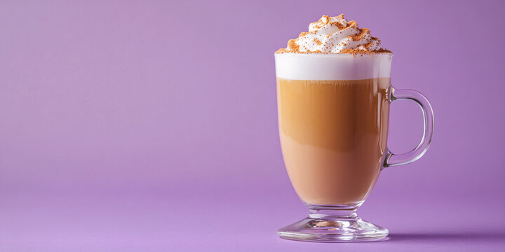 Banner with glass with seasonal pumpkin spice latte on violet background with copy space