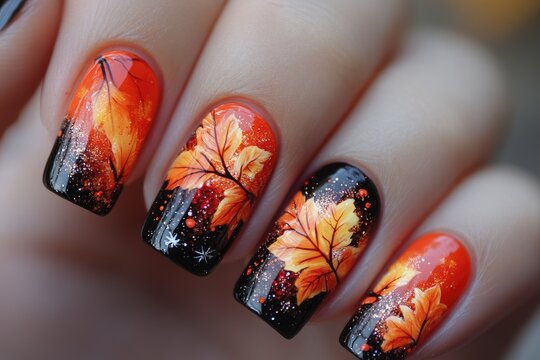Woman showing her new autumn manicure with maple leaves design