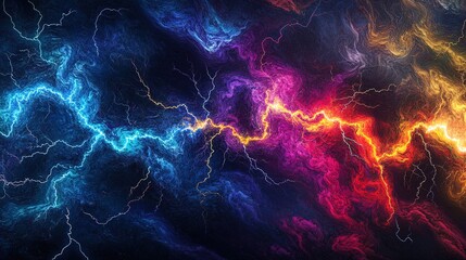 Stunning Lightning Bolt Visualization: Vivid Colors Dance in a Deep Blue and Black Sky – Perfect as a Powerful Sports Interior Poster to Ignite Energy and Passion!