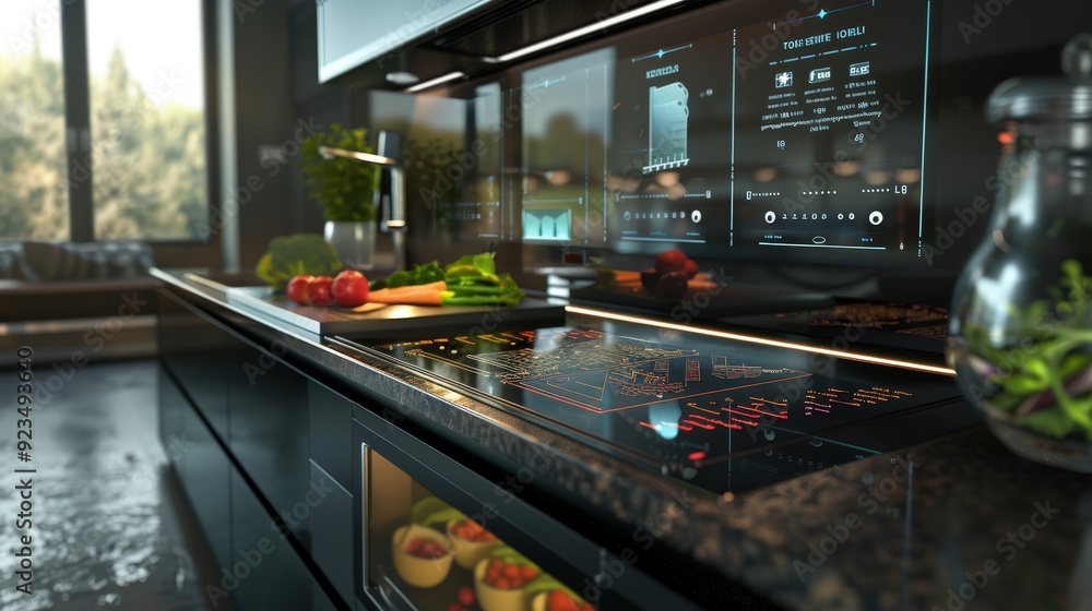 Poster create a clean kitchen scene with a high-tech stove featuring an integrated touch screen, with a che