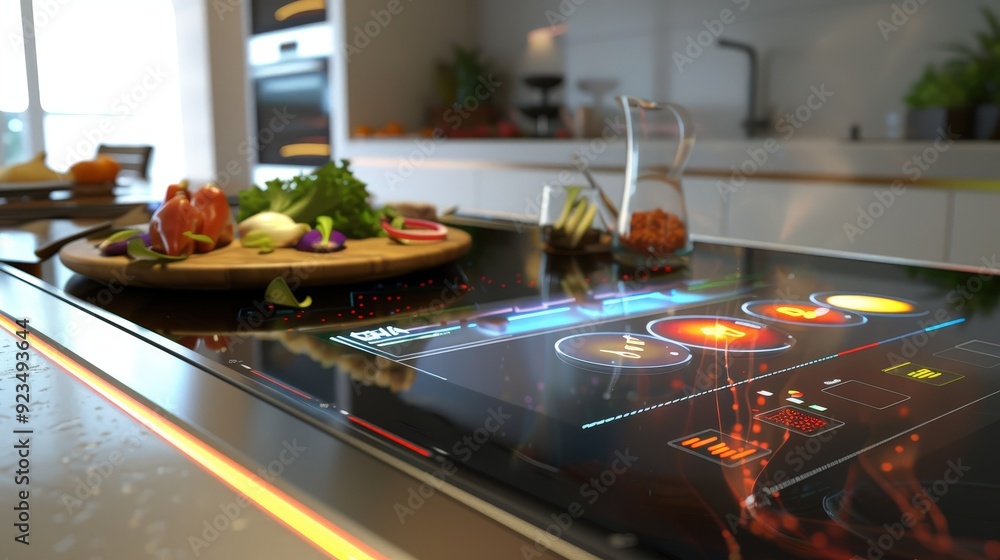 Poster create a clean kitchen scene with a high-tech stove featuring an integrated touch screen, with a che
