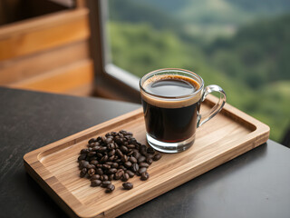 Coffee cup and coffee bean on wooden tray. Coffee farm on Mountain View.