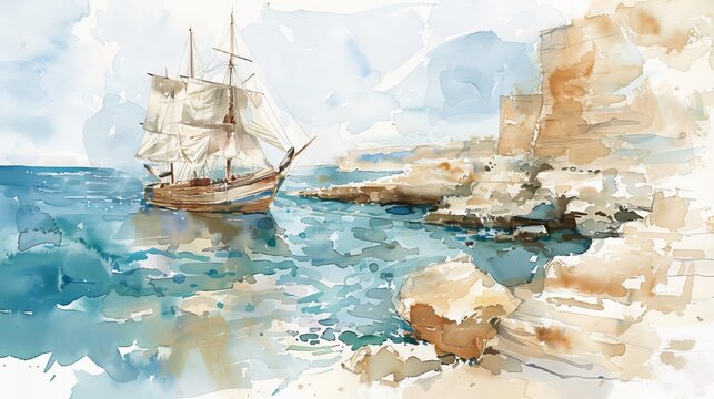Biblical Illustration of Apostle Paul Shipwrecked on Island of Malta Surviving by Faith on Beige Background with Copyspace