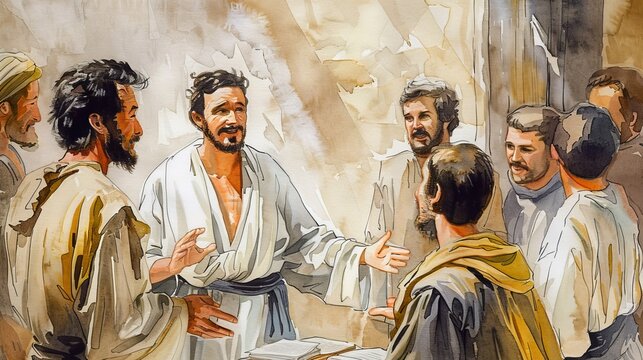 Biblical Illustration of Apostle Matthew Converting Tax Collectors and Sinners Sharing Gospel with All on Beige Background with Copyspace
