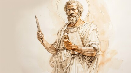 Fototapeta premium Biblical Illustration of Apostle Bartholomew Holding Knife and Book Symbols of Martyrdom and Missionary Work on Beige Background with Copyspace