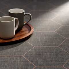 Modern Coffee Mugs on Wooden Trays with Hexagonal Patterned Surface - Cozy Morning Setting in Soft Lighting