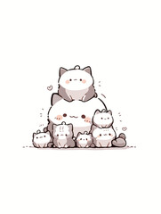 Stack of cute kittens form pyramid on white background. Minimalistic and kawaii illustration style. Family and friendship concept. For print, sticker, card, poster, book, cover.