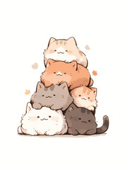 Stack of cute kittens form pyramid on white background. Minimalistic and kawaii illustration style. Family and friendship concept. For print, sticker, card, poster, book, cover.