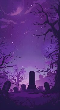 A vector illustration of a graveyard at night with crooked tombstones, eerie trees, and ghostly apparitions. The sky is a deep purple with stars and a glowing moon, banner with free empty copyspace