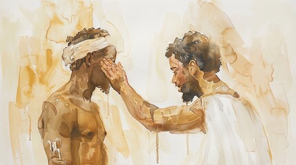 Biblical Illustration of Apostle Philip Baptizing Ethiopian Eunuch Moment of Transformation on Beige Background with Copyspace