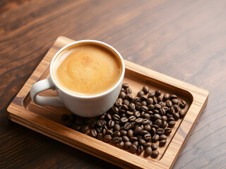 Coffee cup and coffee bean on wooden tray.