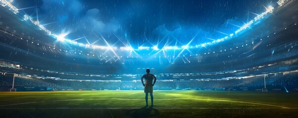 A lone soccer player stands on a rain-soaked field, illuminated by stadium lights.