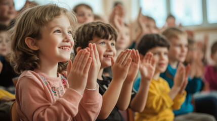 Banner with children clapp in classroom with positive group dynamic. For education content in school participation, ads team building.