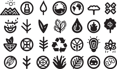 A straightforward vector icon set with a climate action, sustainable agriculture, conservation efforts, and clean air .icons in black and white style with isolated on white
