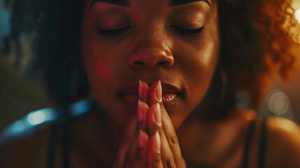 Young woman seeks comfort and tranquility in her faith, closing her eyes and joining her hands in prayer