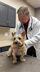 A veterinarian examines a small dog during a routine health check in a veterinary office