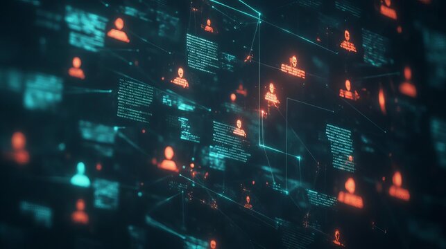 Anonymous chat room with hidden participants, encrypted text and digital avatars floating in a dark interface, top view, symbolizing secretive conversations, advanced tone, vivid