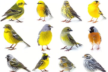 Fototapeta premium Song Birds. Group of Small Birds Collage Isolated on White Background
