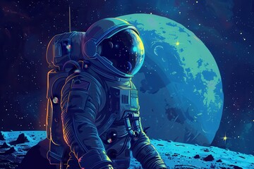 Space Theme Cartoon Illustration with Planets, Spaceship, and Alien Astronauts