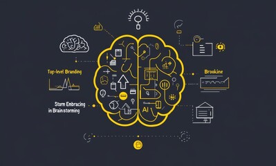 Naklejka premium Creative brain logo with business icons highlighting brainstorming and branding