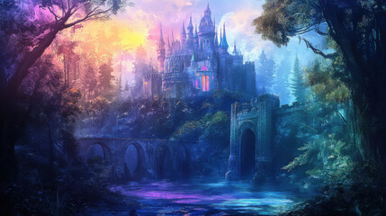 Fototapeta premium Intricate fairy castle depicted in a unique art style, surrounded by a dreamy fantasy garden with watercolor effects, illuminated by natural light.