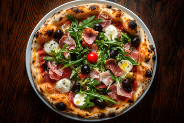 Top view pizza with cured ham, olives, mozzarella cheese, tomatoes and arugula commercial advertising photo