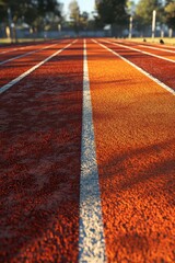 Close-Up of a Sunlit Outdoor Running Track with White Lane Markings in a Park Setting