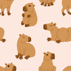 Cute capybara in various poses vector illustration Funny capibara adorable exotic animal relaxing standing and sitting South America mammal seamless pattern for wallpaper wrapping paper