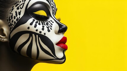 Striking Gothic Fashion Poster: Captivating Model with Black and White Facial Art and Bold Red Lips Against Lively Yellow - Perfect for Stylish Sports Interiors and Artistic Spaces!