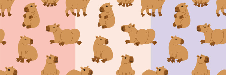 Cute capybara in various poses vector illustration Funny capibara, adorable exotic animal relaxing standing and sitting South America mammal seamless pattern for wallpaper wrapping paper
