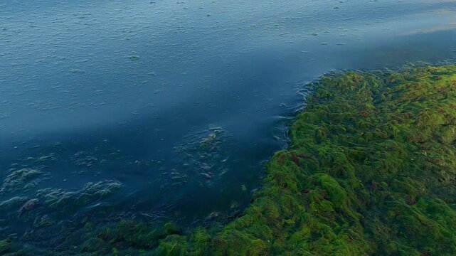 Close-up of a surf zone after a storm covered with colonial form of green algae, Slow motion. Top view of the littoral zone covered with seaweed