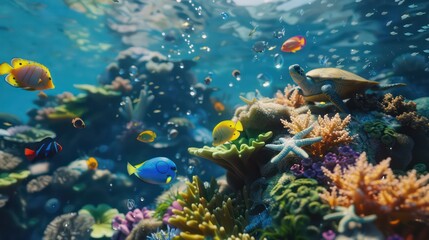 Obraz premium Underwater Paradise: A Vibrant Coral Reef with Sea Turtles and Fish