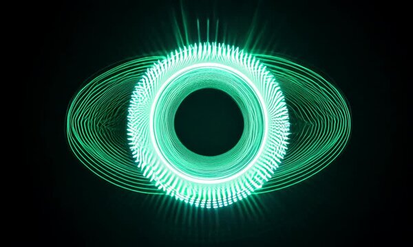 33 seconds looping video clip of DJ VY visualizer  with three central semi spheres knots rotating spinning green lasers on black background HD 1920 1080 animation motion graphics