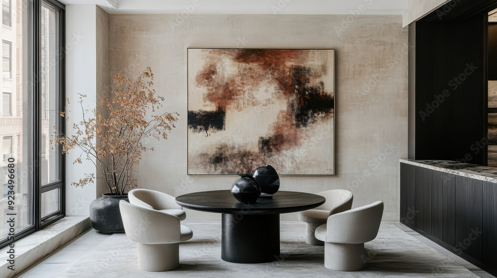 Wall mural large abstract painting on the wall of a new york apartment, with a sleek black round table, three