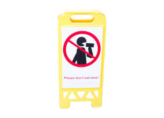 Sign Please don't eat here Human Figure yellow plastic with red stripes isolated on cut out PNG or transparent background. Bringing food, beverage is forbidden from outside sign. Symbol logo.