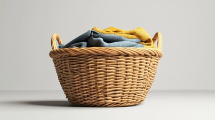 Wicker Basket Filled with Colorful Towels on a Neutral Background