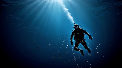 Seamless looping 4k time lapse animation video background. Diver exploring deep ocean with sun rays penetrating water. Underwater exploration concept