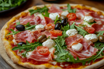 Pizza with cured ham, olives, mozzarella cheese, tomatoes and arugula commercial advertising photo

