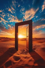 Surreal Wooden Door in Desert at Sunset with Dramatic Sky and Sand Dunes