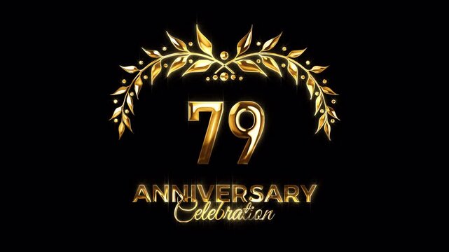 79th Anniversary Celebration. Happy 79 Years Anniversary Animation in Gold Color on the Transparent Background, Alpha Channel. Great for greetings, celebrations, events, and gifts.