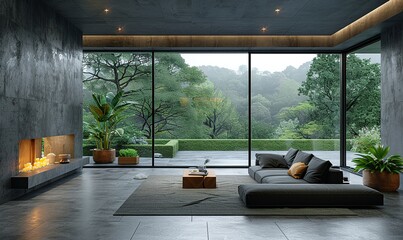 dark home living room interior with couch,sideboard panoramic window.